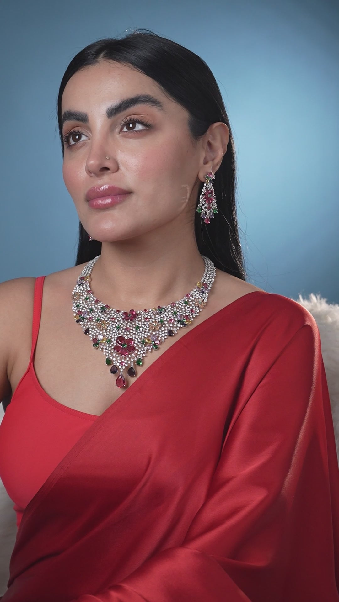 Luxury multicolor American diamond floral statement necklace set with matching earrings by Damani Jewels