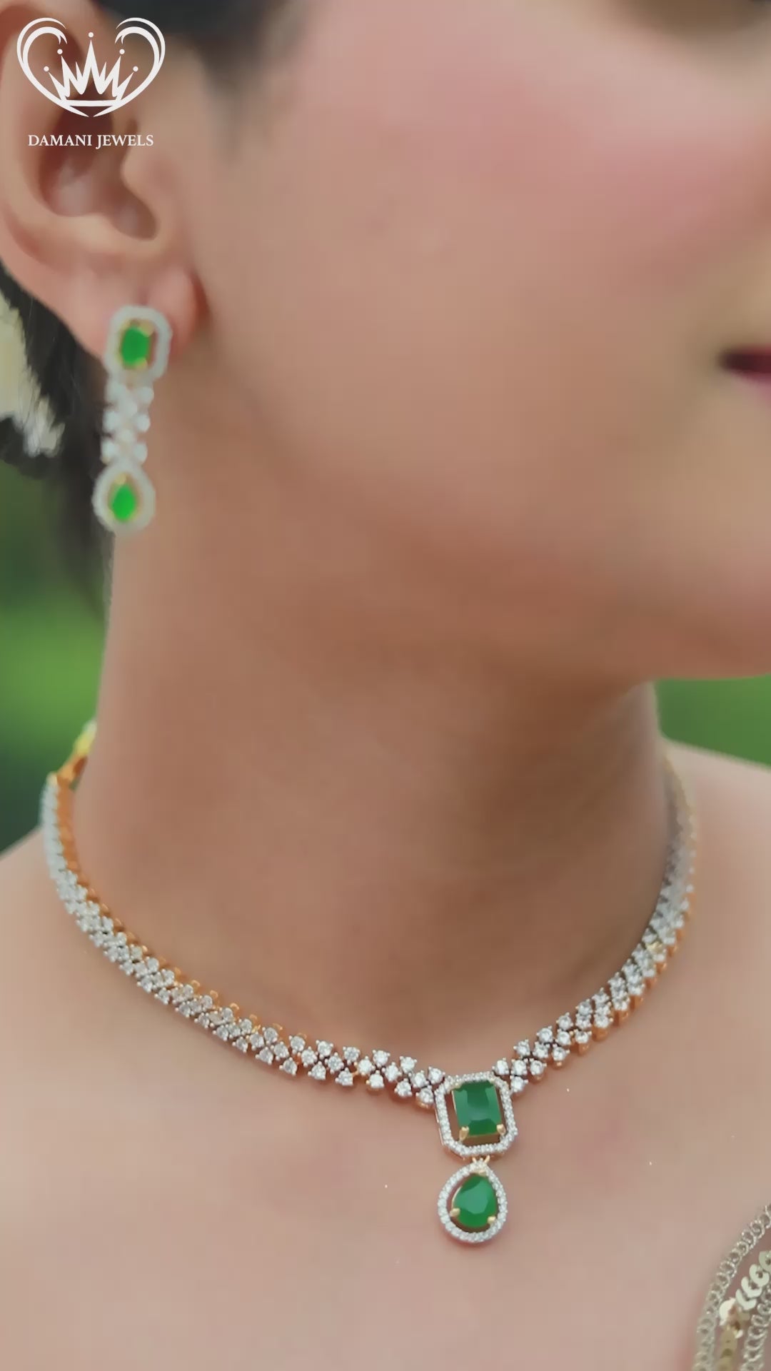 “Emerald green pendant necklace set with diamond CZ stones and matching earrings – Damani Jewels.”