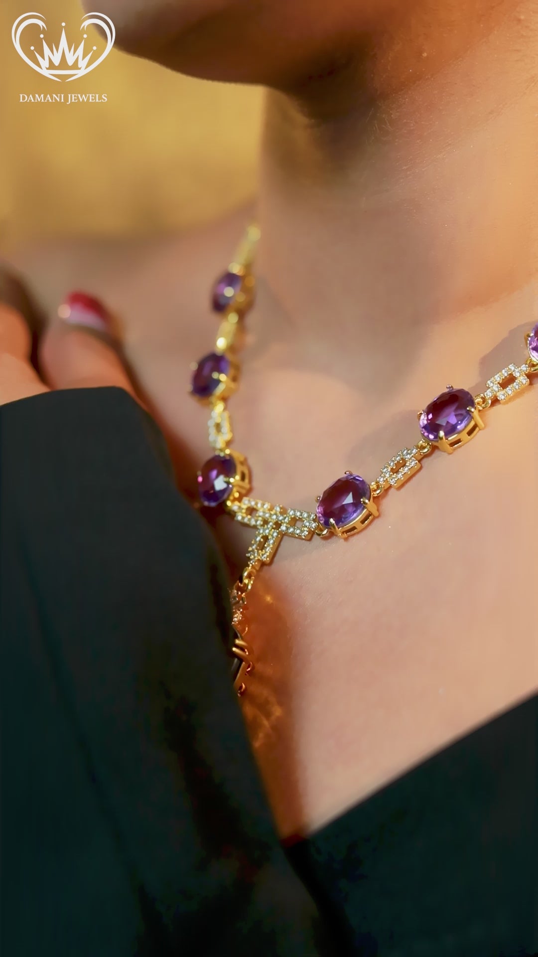 Model wearing Damani Jewels purple crystal pendant necklace and matching earrings – elegant party wear jewelry.