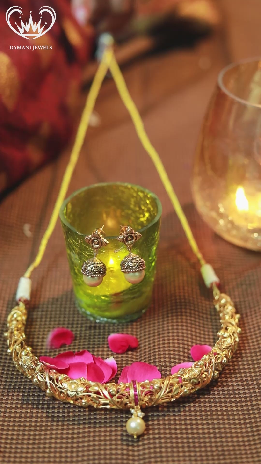 “Antique gold filigree choker necklace set with pearl drop pendant and matching earrings – traditional Indian jewellery.”