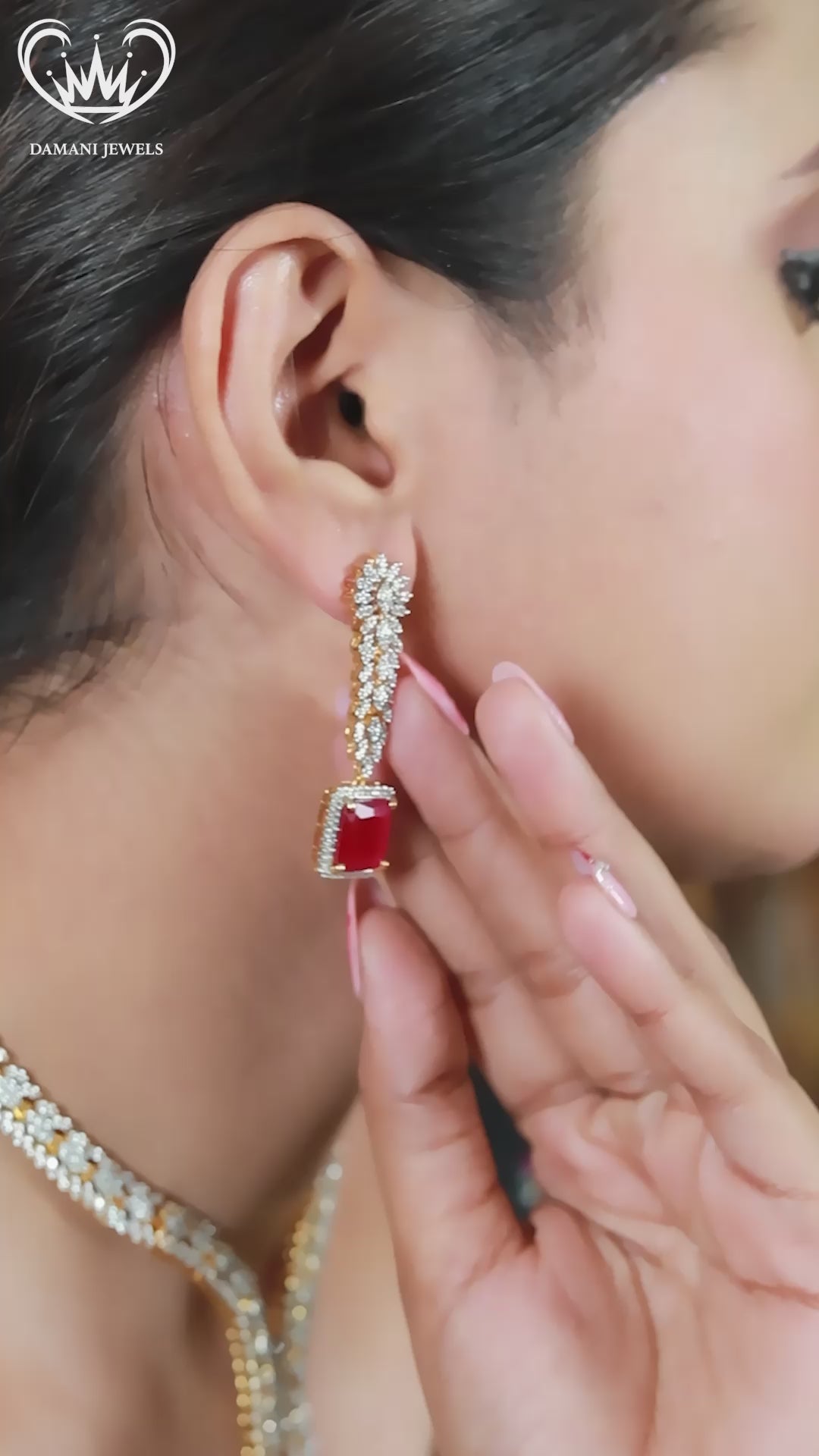 Ruby gemstone pendant necklace set with matching dangle earrings – party wear diamond look jewellery