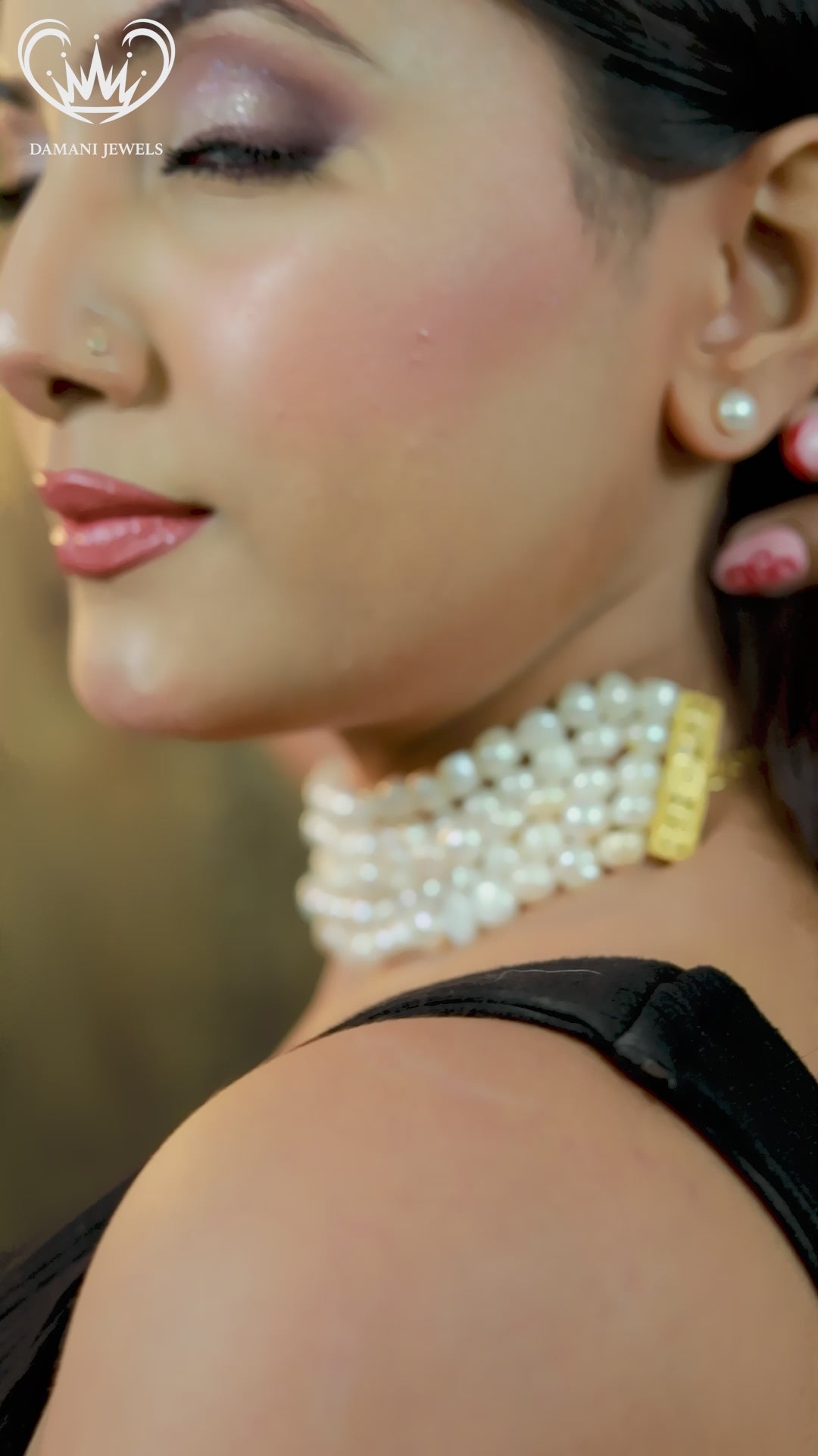 Model wearing Damani Jewels real pearl multi-layer choker necklace – bridal and festive jewelry.