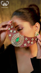 Ruby kundan choker necklace set with emerald green teardrop stone and matching earrings – bridal Indian jewellery.”