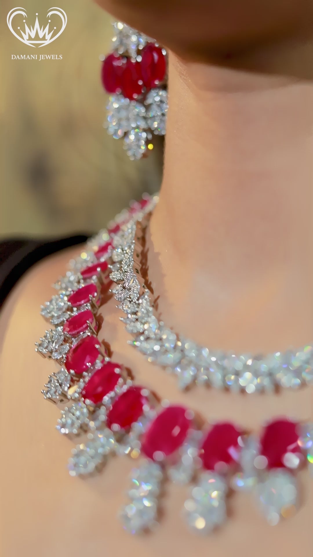 Ruby and CZ diamond choker necklace set with matching dangling earrings in silver finish – bridal and party wear jewelry”