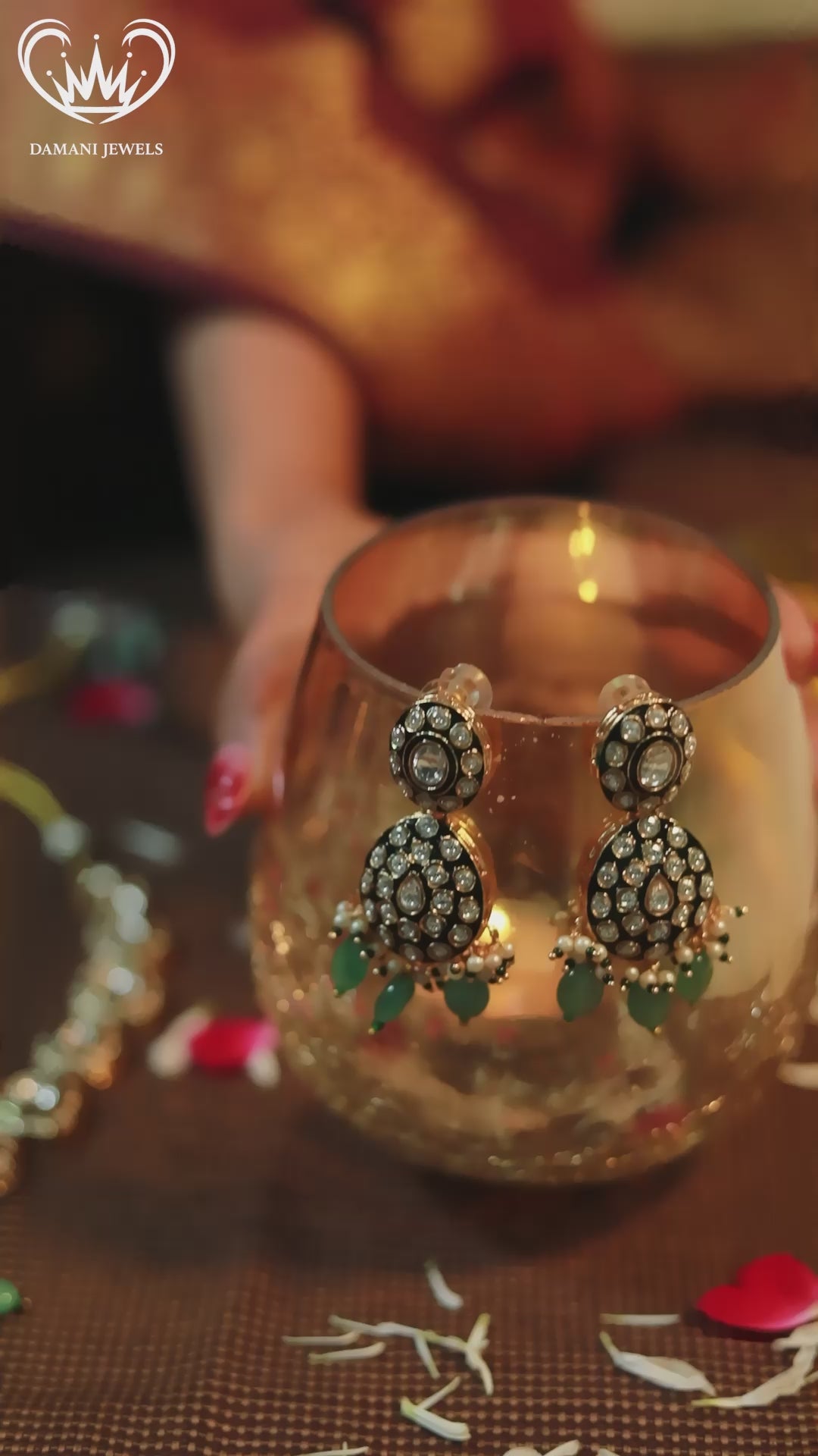 Model wearing Damani Jewels green kundan bridal necklace set with earrings and maang tikka – wedding jewelry.