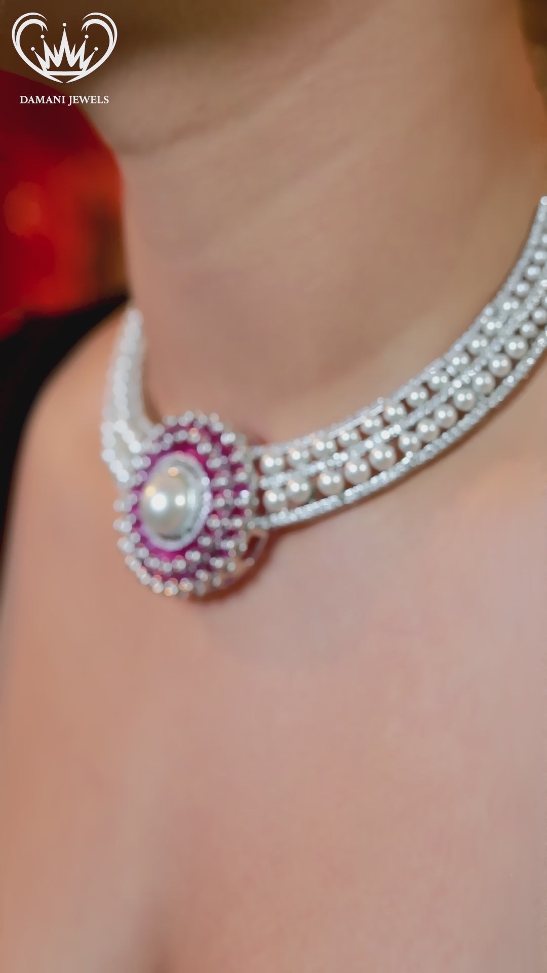 “Pink pearl halo choker necklace with matching earrings – Damani Jewels”