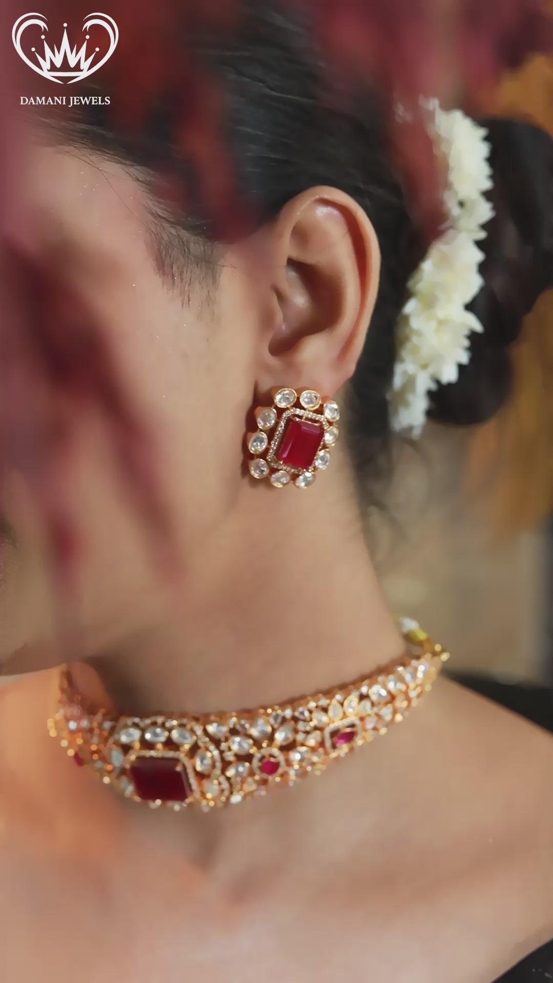 “Gold-plated ruby kundan choker with matching earrings – Damani Jewels”