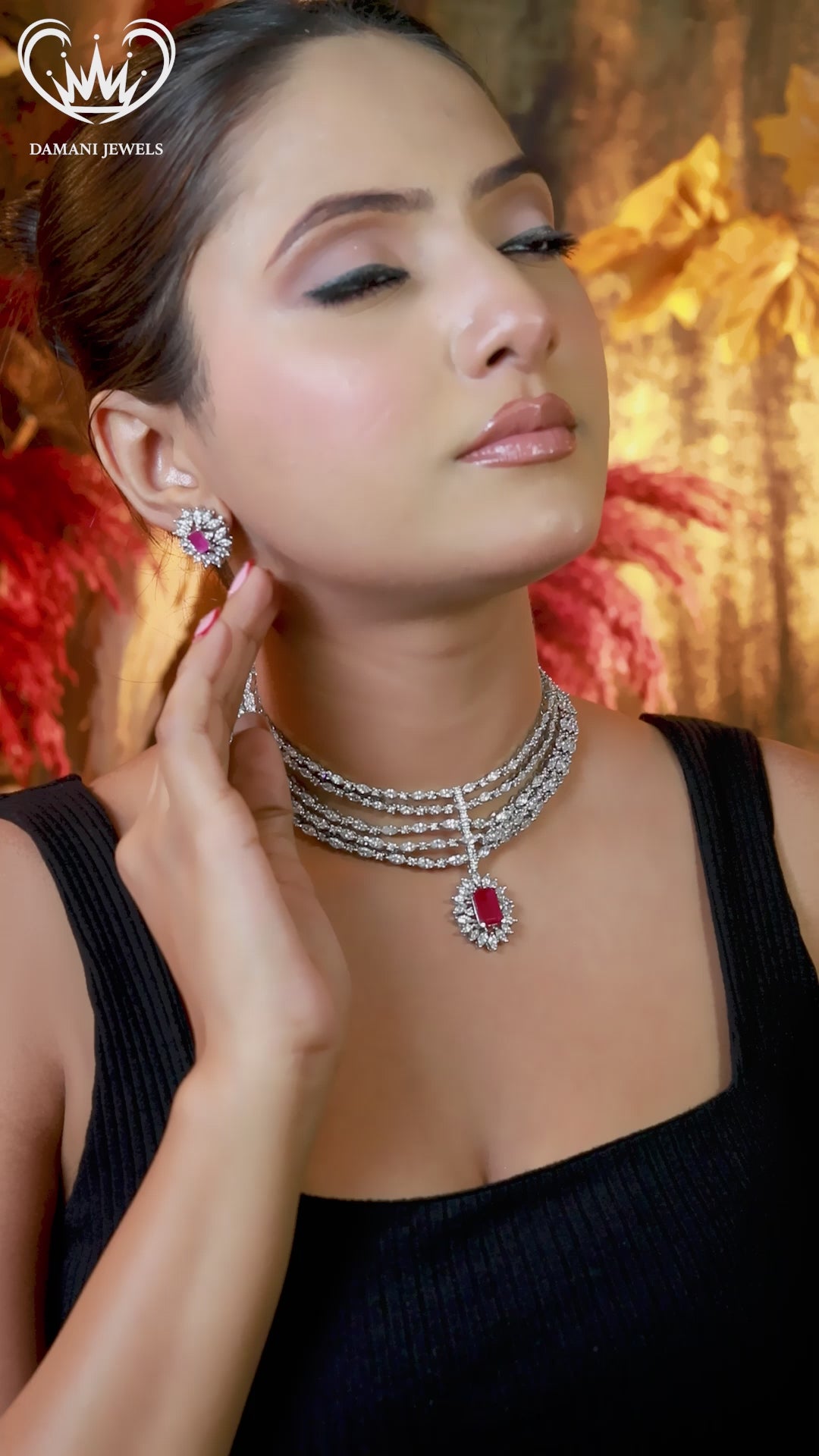 "Royal ruby and CZ multi-layered bridal necklace set with matching earrings – Damani Jewels"