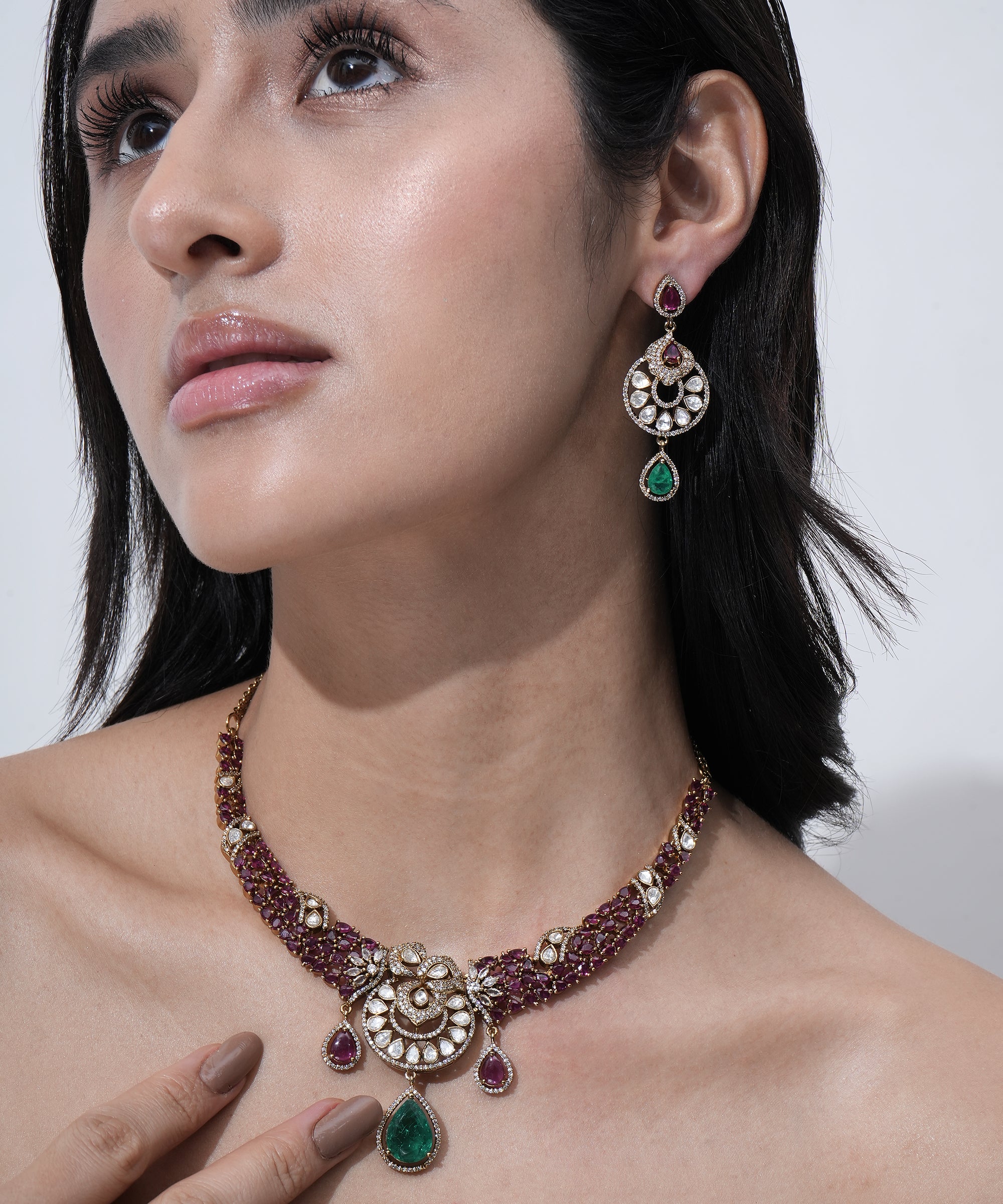 Damani Jewels pink and green American diamond bridal necklace set