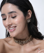 Pink and white Moissanite floral choker necklace set with matching earrings in gold-tone finish for bridal and wedding wear.