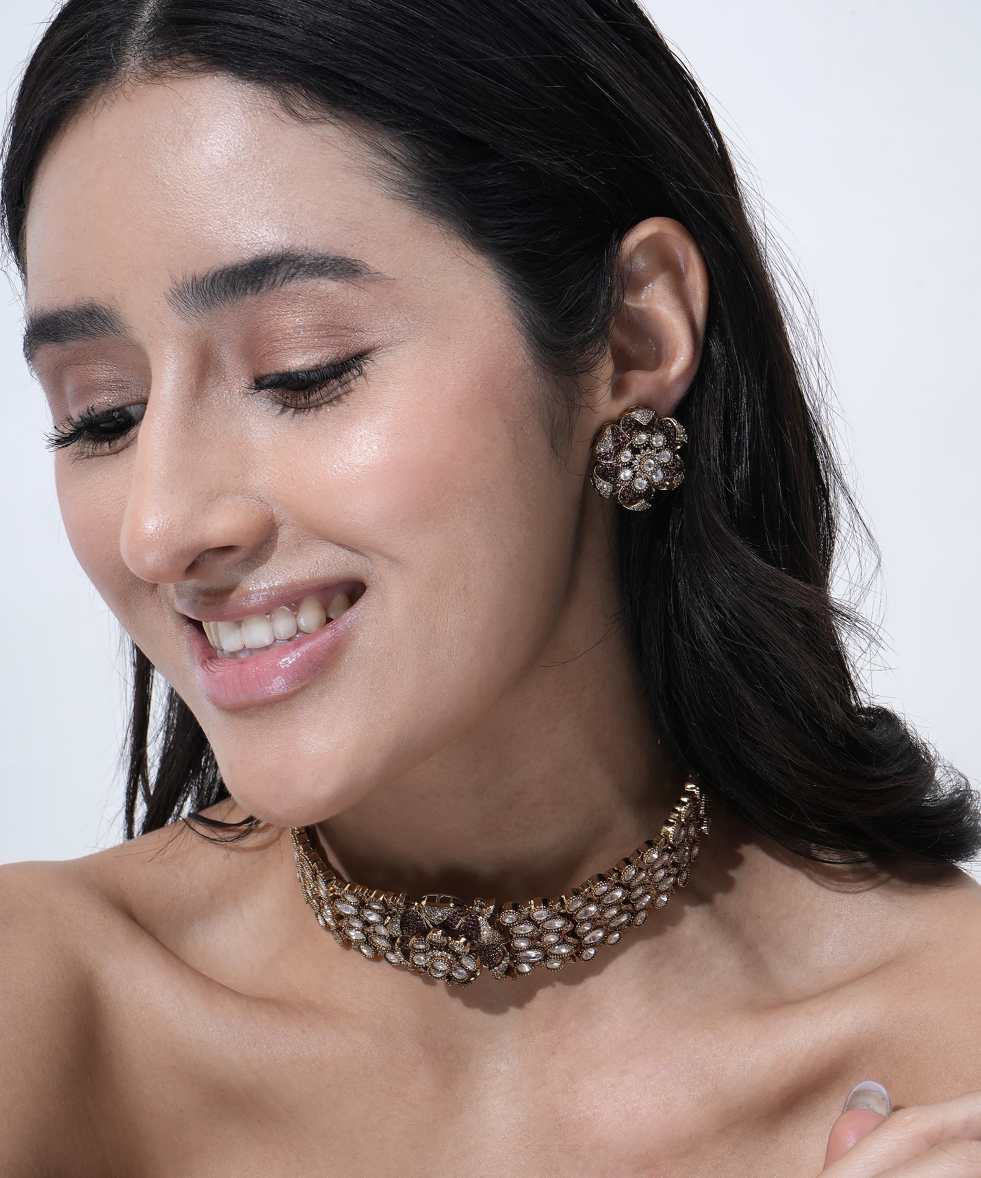 Pink and white Moissanite floral choker necklace set with matching earrings in gold-tone finish for bridal and wedding wear.