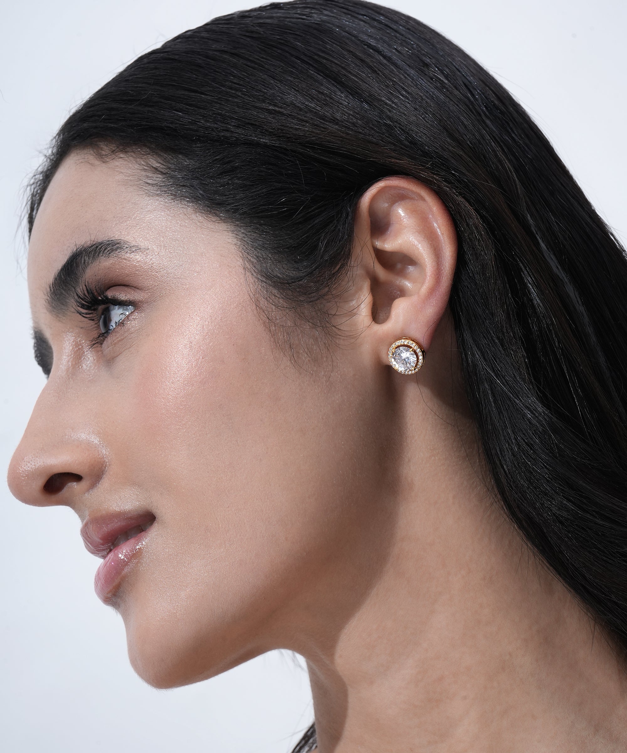 Elegant Gold-Tone Halo Stud Earrings with Round Cut Crystal