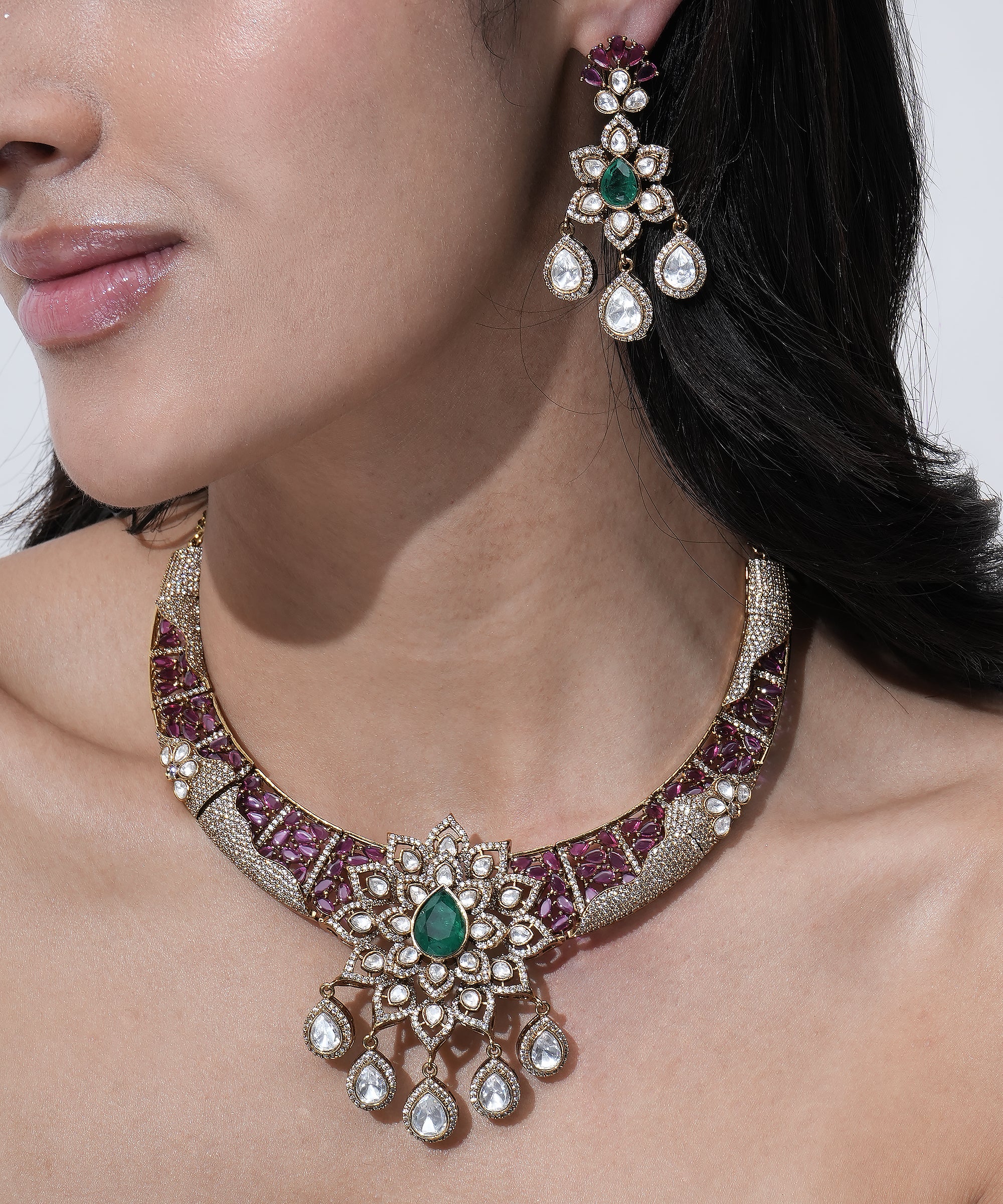 Damani Jewels ruby green American diamond choker necklace set